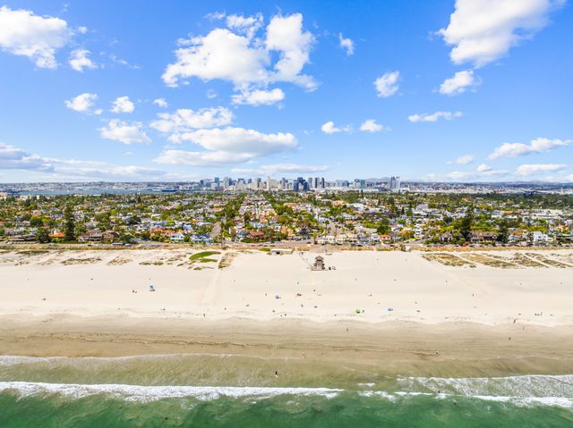 Wide sand and the downtown skyline beyond